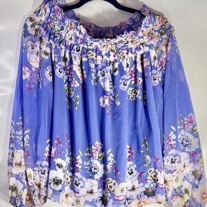 White House Black Market Floral Smocked Blouse in Blue and Cream